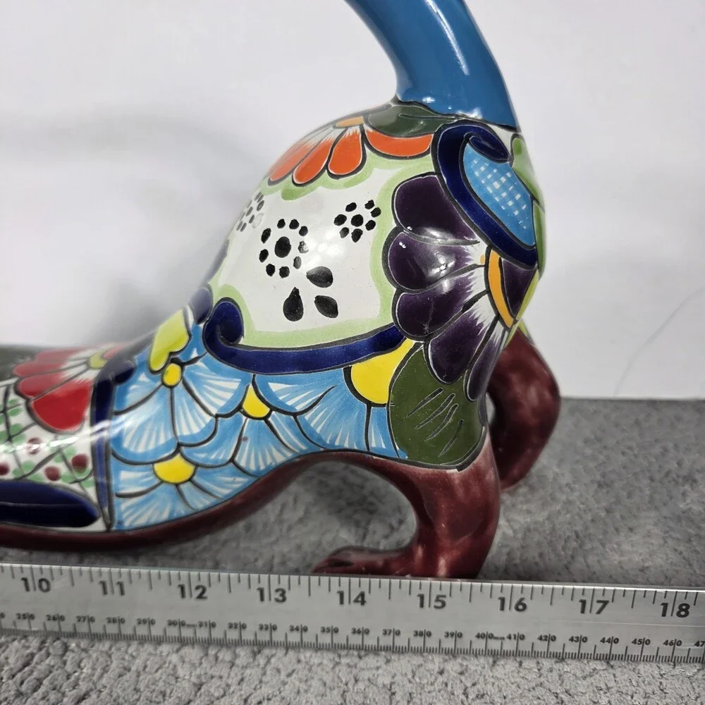 Talavera Cat Figurine Mexican Pottery Art Hand Painted 16.5 x 5 X 9.5 In